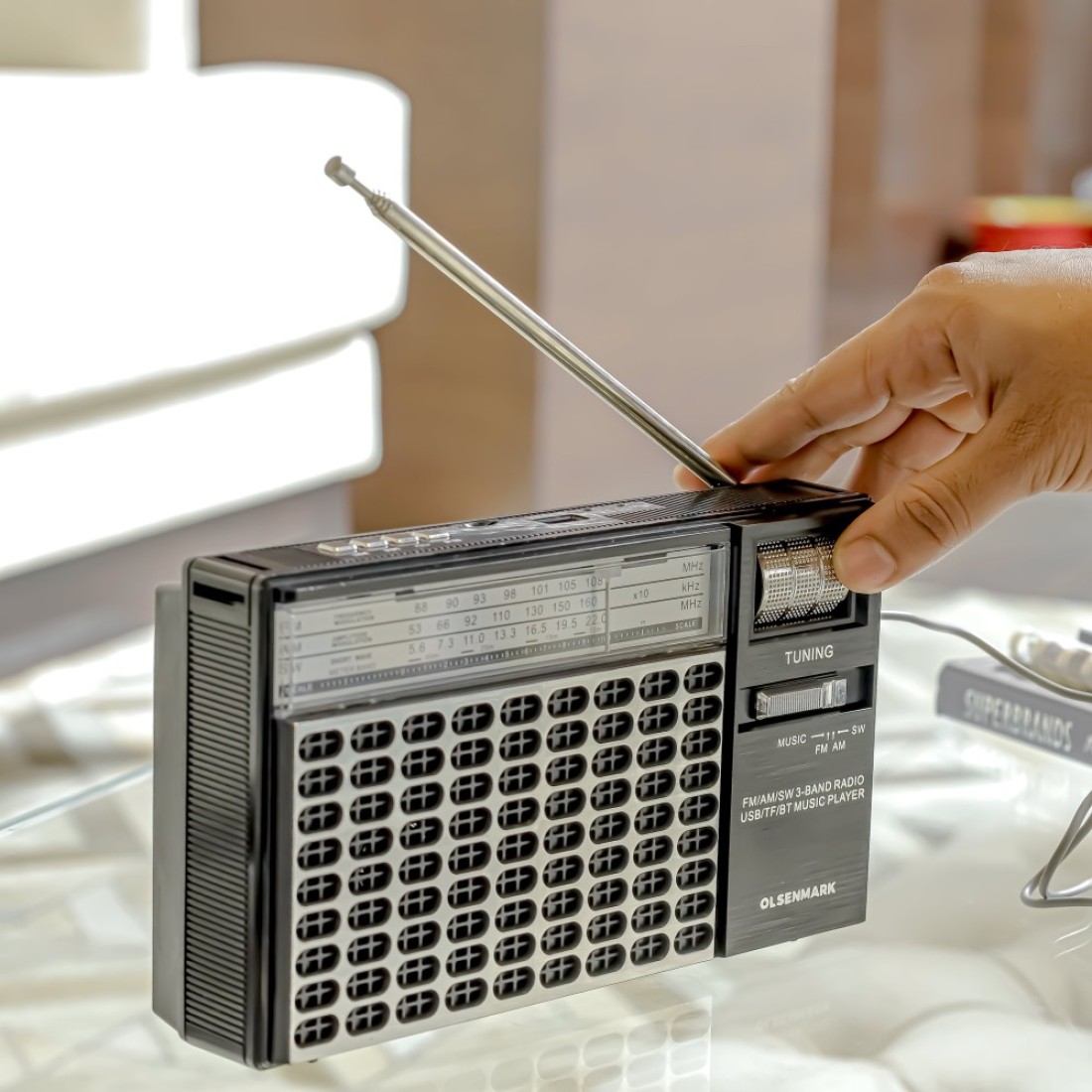 Olsenmark Portable Radio with 3 Band - Rechargeable Battery, Bluetooth USB, TF, &amp; MP3, Comfortable Handle, Karaoke Function - Recorder - Microphone Retro Style Radio, 2 Years Warranty