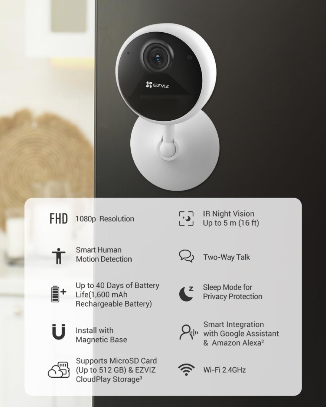 CB1 Indoor Security Camera, 1080p Home Battery Camera with IR Night Vision, Two Way Talk, Adjustable Magnetic Stand, Sleep Mode, Human Motion Detection, Works with Alexa, Supports MicroSD Card, White