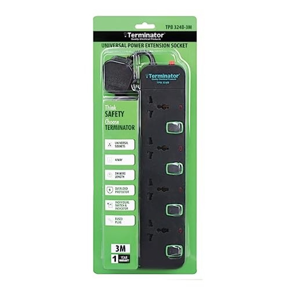 Terminator 4 Way Universal Power Extension Socket With Overload Protection, Green Border Switches, Indicators and 3M Cable (TPB 324B-3M)