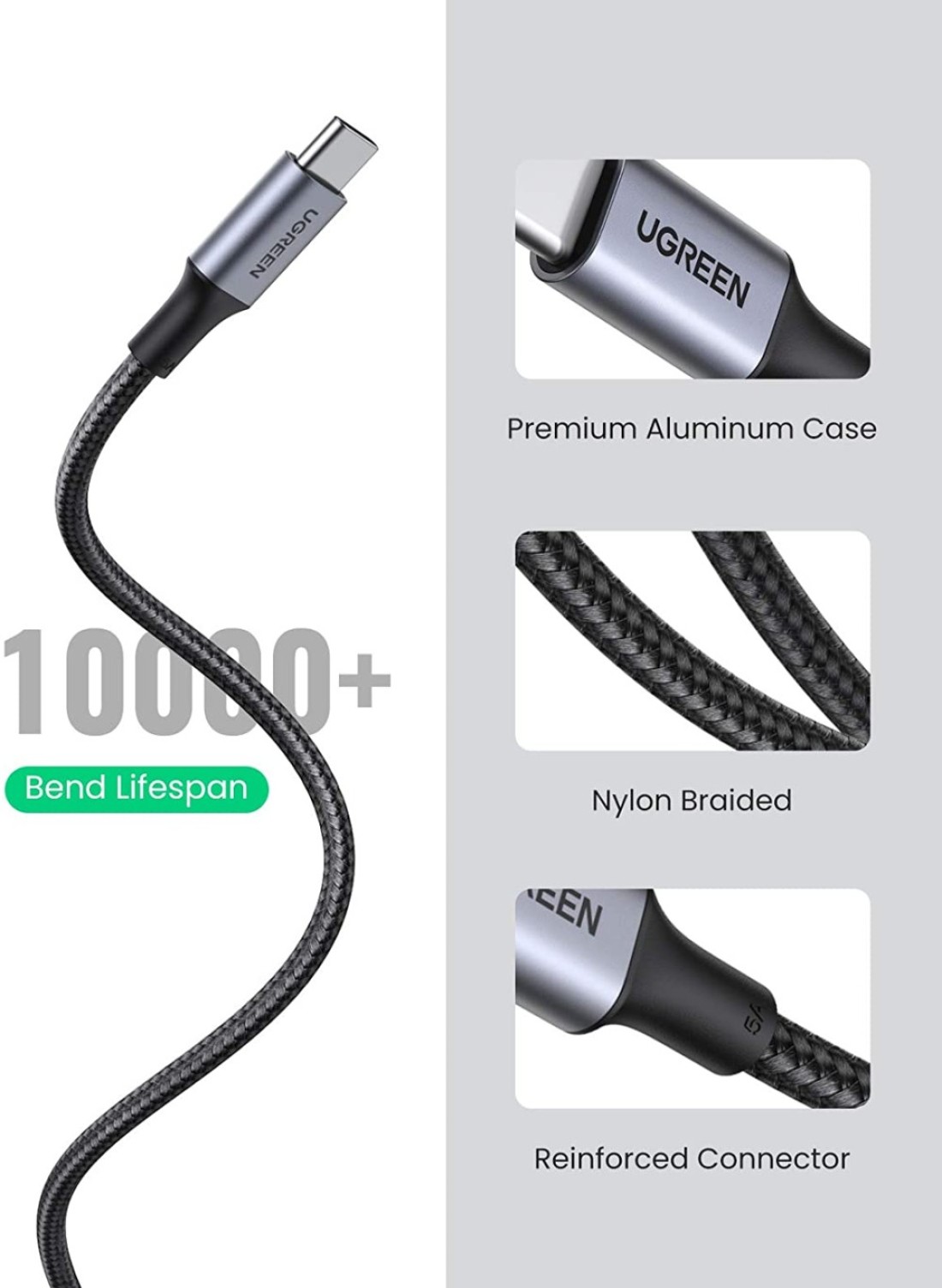 Ugreen 82-70429 USB-C Cable Aluminum Case With Braided 2M (Black) (70429)