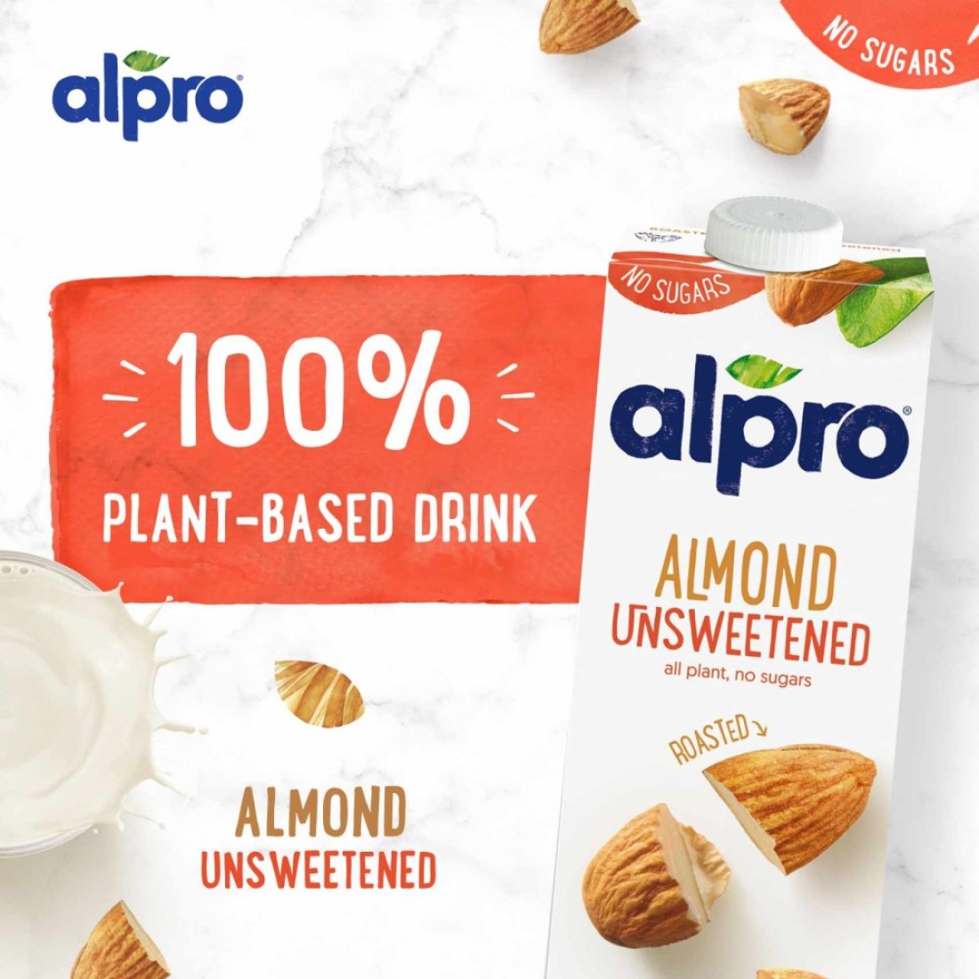 Alpro Almond Unsweetened Drink, 100% Plant-Based, Lactose Free 1L