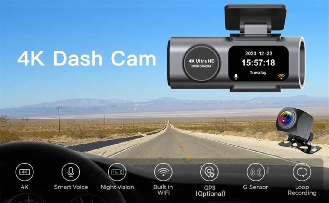 كاميرا ذكية 4K WiFi GPS - كاميرا أمامية وخلفية للسيارة مع تطبيق، كاميرا 4K Ultra HD Dash، إعداد USB سهل، تسجيل متكرر، رؤية ليلية، وضع وقوف السيارات