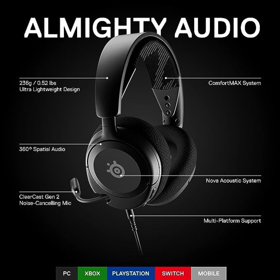 NEW SteelSeries Arctis Nova 1 Multi System Gaming Headset Hi Fi Drivers 360 DEGREE Spatial Audio Comfort Design Durable Ultra Lightweight Noise Cancelling Mic PC, PS5/PS4, Switch, Xbox Black, Wired