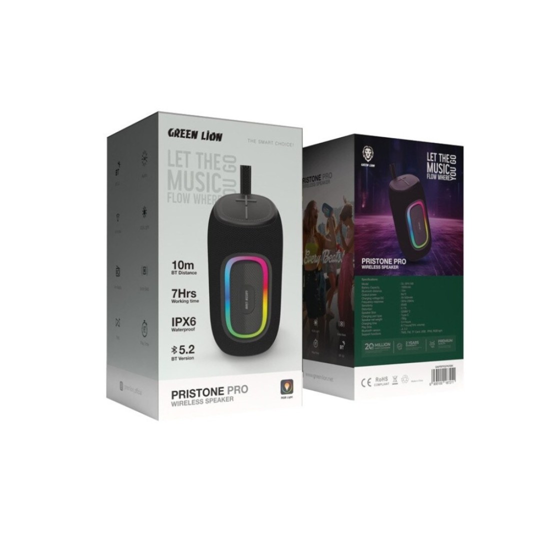 سماعة بورودو جرين لاين Pristone Pro اللاسلكية، بطارية 1200mAh، Bluetooth 5.2، مقاومة للماء IPX6، باس عميق، إضاءة RGB، راديو FM، دعم TF Card و USB، 7 ساعات وقت تشغيل - أسود
