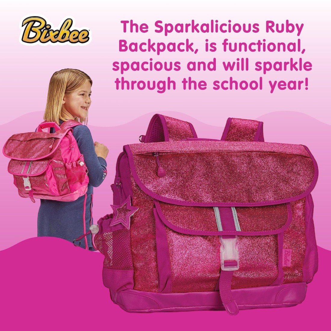 Bixbee Kids Backpack Sparkalicious Ruby Raspberry Medium