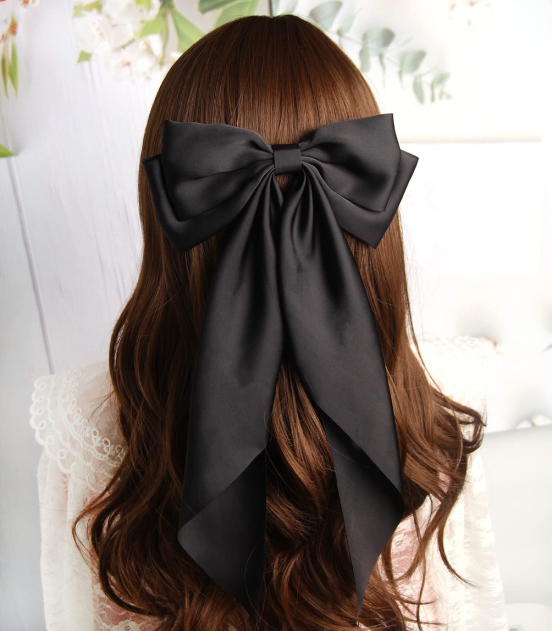 SUSULU Hair Bows for Women Oversized Black White Hair Bow Clips Big Hair Bow Long Tail Large Satin Silky Hair Ribbon Bow Clip Ponytail Hair Accessories for Adult TeensPack of 2
