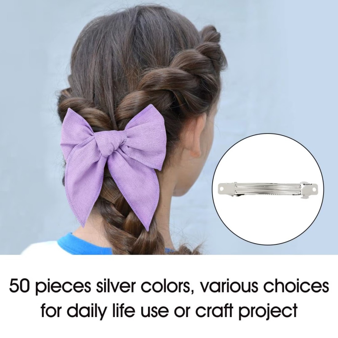 Lawie 50 Pack 8 CM 3.15 Inch Silver Blank Rectangle Metal French Barrette Plain Base Hair Clips DIY Crafting Clips for Bows Snap Hair Clips Ponytail Holder Hairclips Accessories for Women Girl