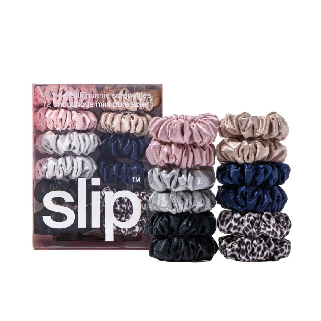 SLIP 100 Pure 22 Momme Mulberry Silk Minnie Scrunchies Classic Set of 12 in Pink Caramel Silver Navy Leopard Black