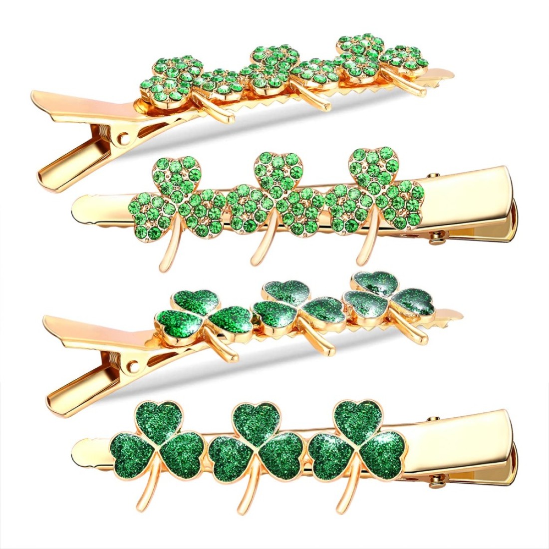 StPatricks Day Hair Clips Crystal Glitter Shamrock Hairpins Green Lucky Leaf Embellished Gold Alligator Hair Clips for Party Gift 2 Pairs Lucky Clover Clips