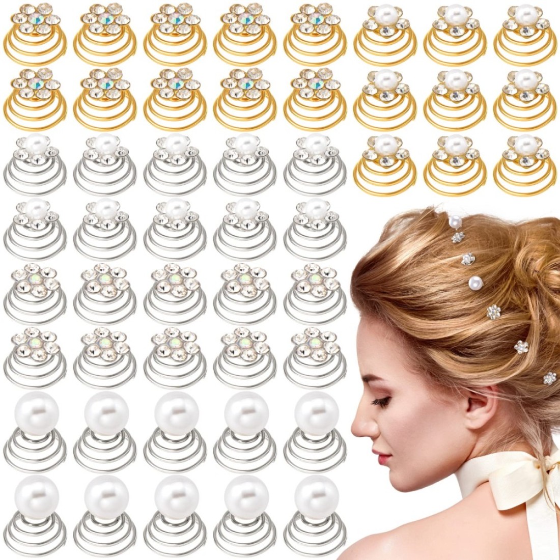 OIIKI 50PCS Rhinestone Sparkle Crystal Hair Jewelry Clips Spiral Flower Pearl Coil Decorative Accessories for Bridal Bridesmaid Wedding Party Prom 5 Styles