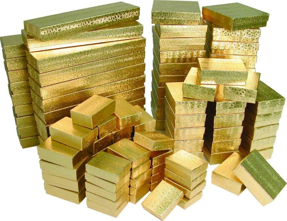 888 Display Case of 100 Boxes of 2 18 x 1 58 x 34 GoldFoil Cotton Filled Jewelry Boxes