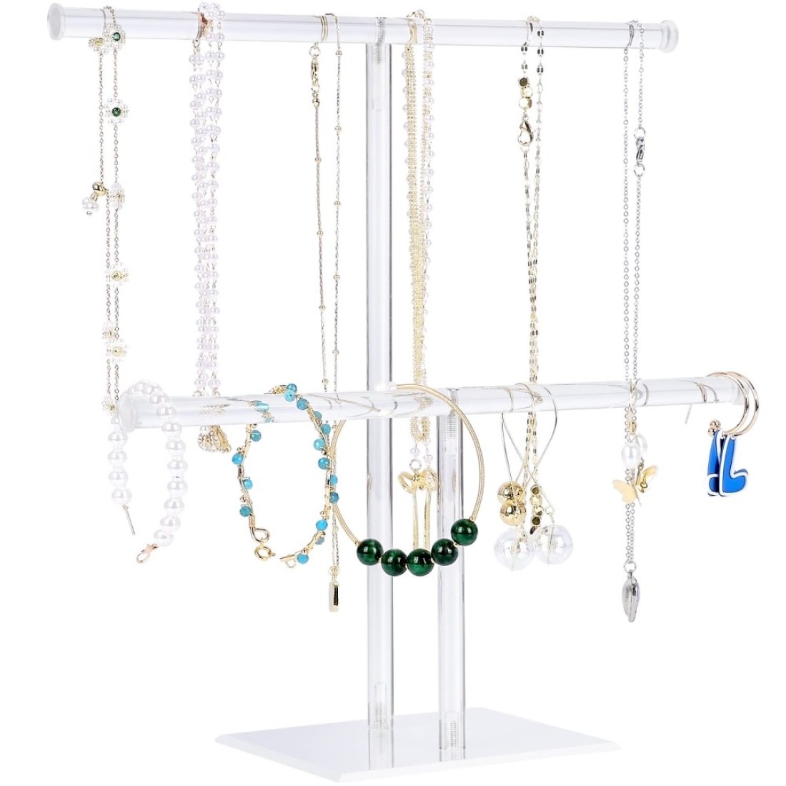 Jewelry Stand Necklace Holder Acrylic Jewelry Display Holder Necklace and Bracelet Hanging Organizer Clear 2Tier Tower Stand for Bangles Necklaces Bracelets Rings Earrings and Watch