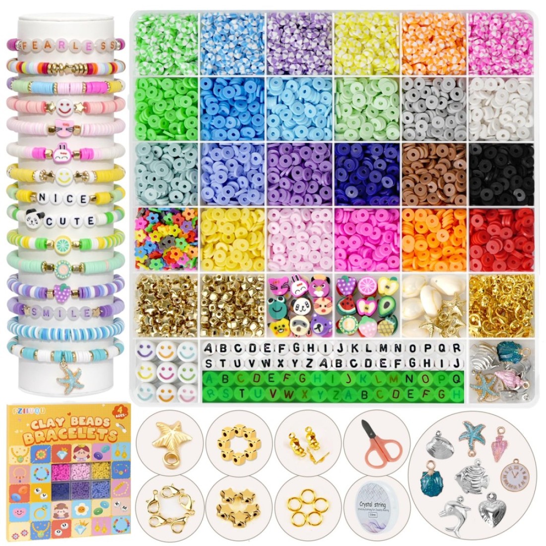 FZIIVQU 6100Pcs Clay Beads Bracelet Making Kit for Girls 24 Colors Friendship Bracelet Beads Kit with Letter Beads Polymer Heishi Bead for Jewelry Making