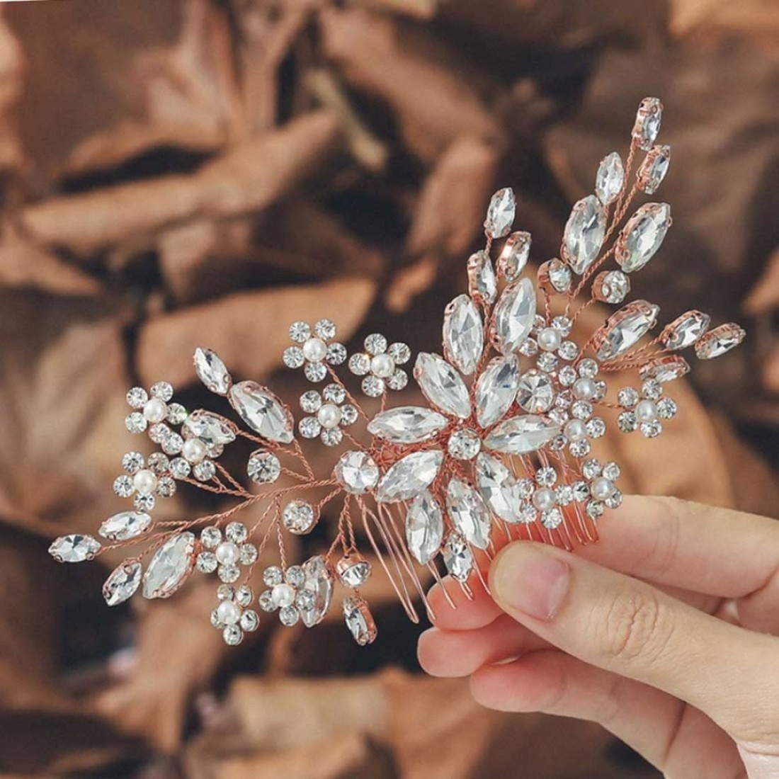 Unsutuo Crystal Bride Wedding Hair Comb Silver Rhinestone Flower Bridal Hair Pieces Pearl Wedding Hair Accessories for Women and Girls Rose Gold