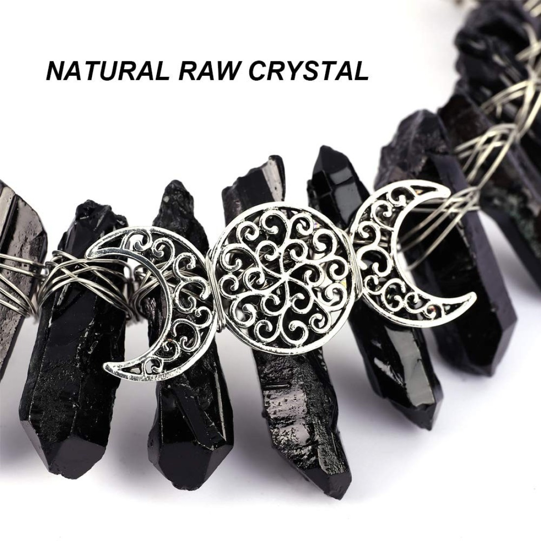 Bubbmi Black Raw Crystal Tiara Crown Headband Natural Quartz Moon Goddess Witch Headpiece for Wiccan Cosplay Party Headwear