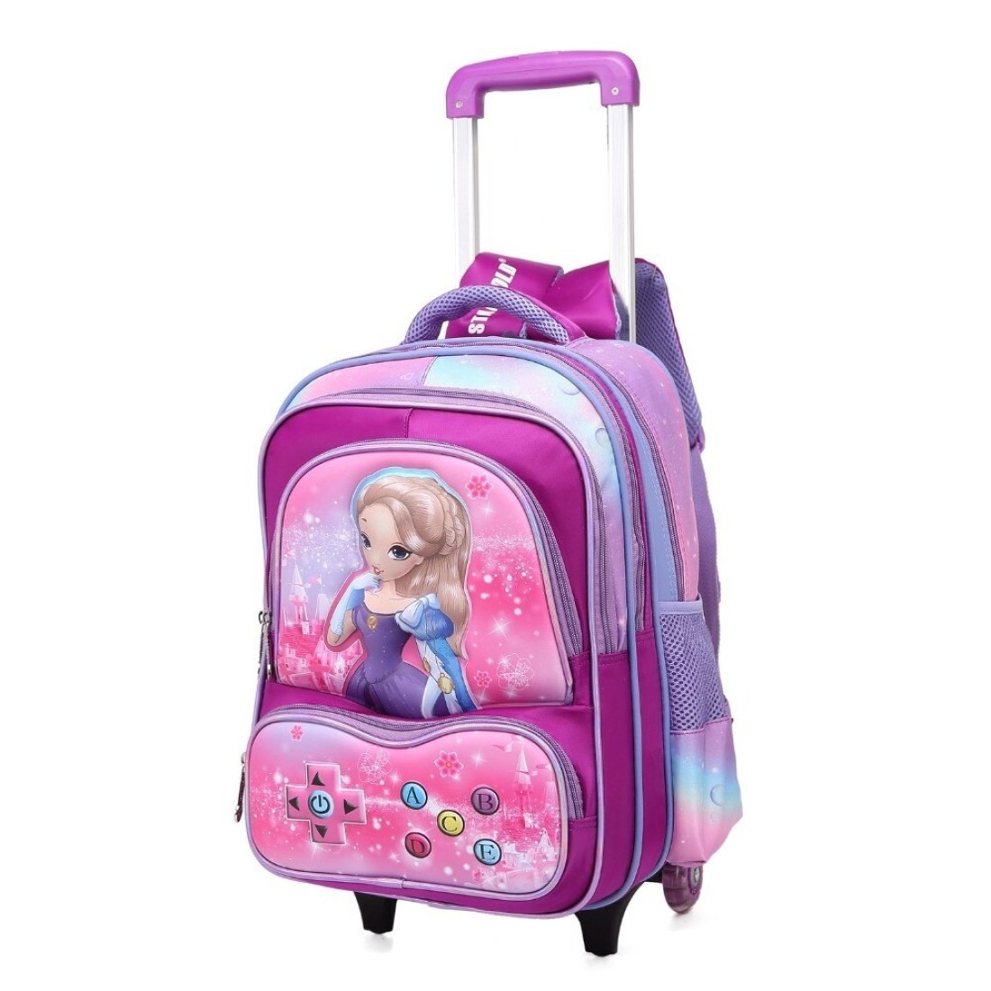 Baby Backpack 3Pcs For Baby Girls 1 lunch 1 Pencil Box And 1 Bag With Adjustable Strap For School 2 Wheels 12 Inch