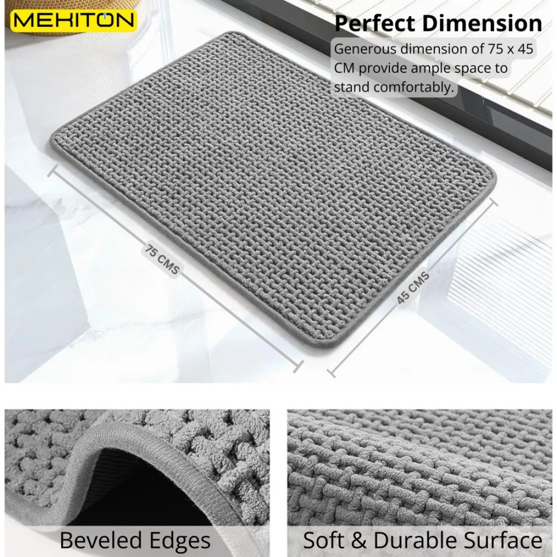 MEKITON - Premium Bathroom and Door Mat - Super Absorbent, Non-Slip, Quick Drying, Soft Plush Surface, Ideal for Entryways, Kitchens, and Bathrooms - 75 x 45 cms (Gray)