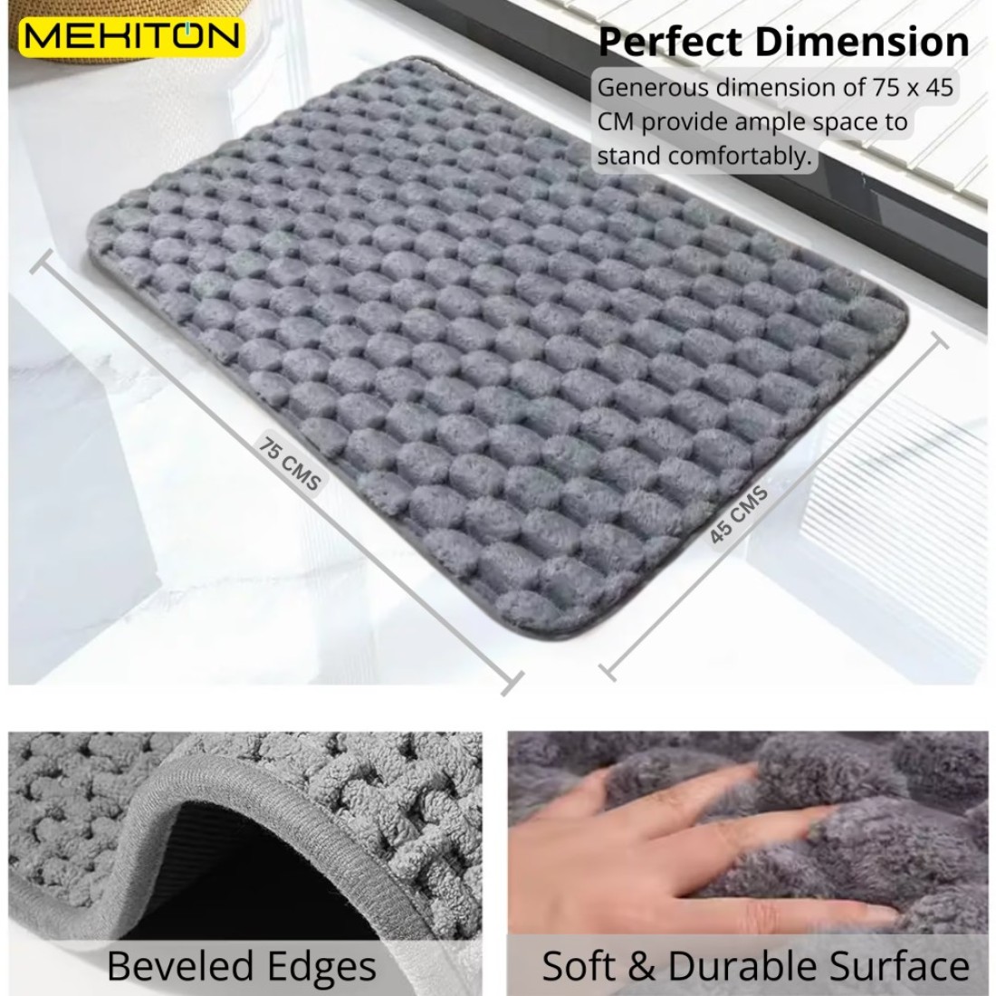 MEKITON - Premium Bathroom and Door Mat - Super Absorbent, Non-Slip, Quick Drying, Soft Plush Surface, Ideal for Entryways, Kitchens, and Bathrooms - 75 x 45 cms (Gray)