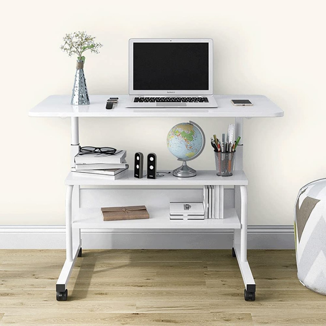 Jjone Laptop Desk Table With 2-Tier Storage Shelves &amp; Wheels, Workstation Study Laptop Table For Home Office (Sc11-White)