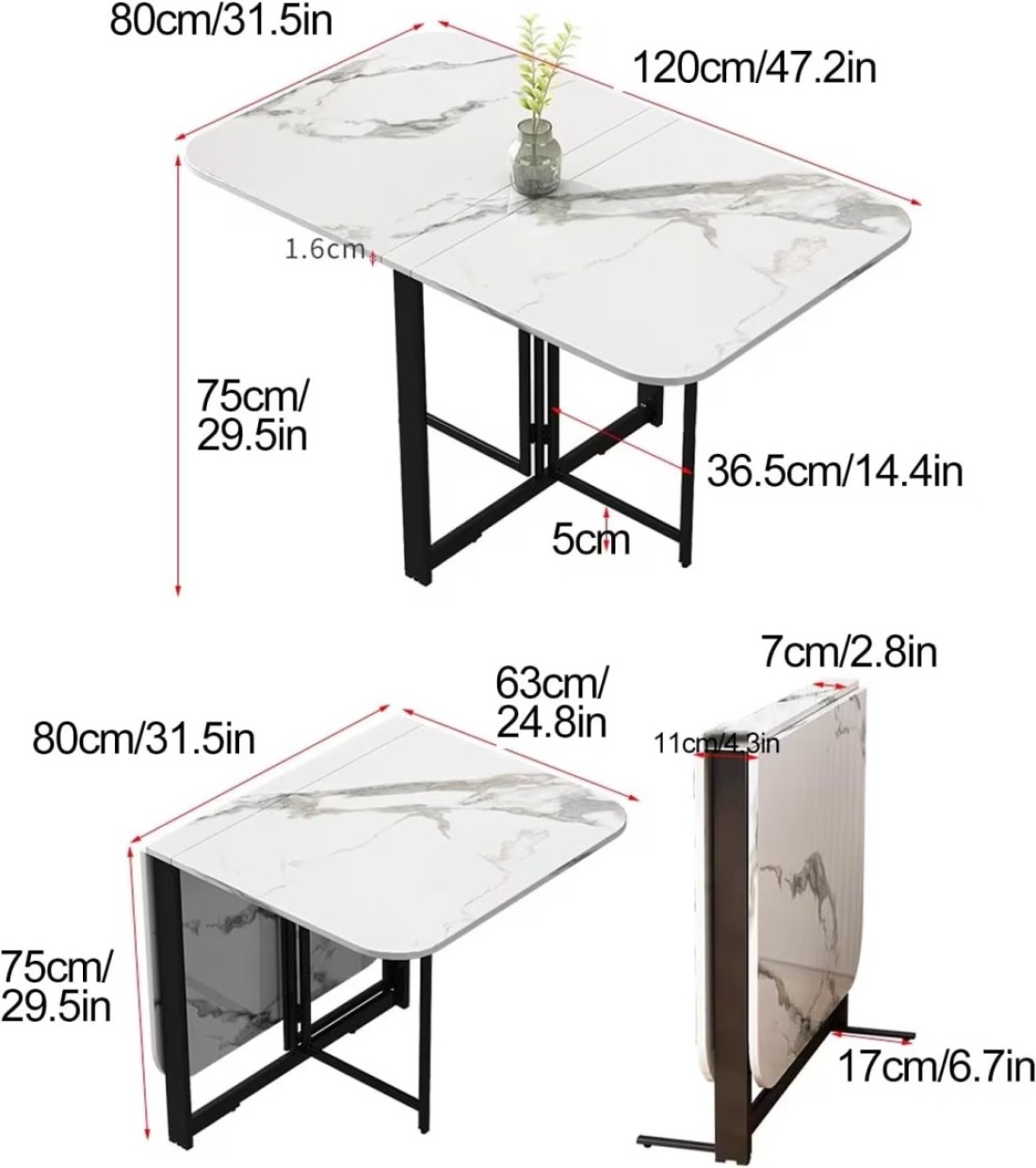 Generic Modern Folding Dining Table, Extendable Drop Leaf Folding Table, Multifunction Expandable, Steel Frame Structure, Easily Bear 400 Kg/881 Lb, Grey