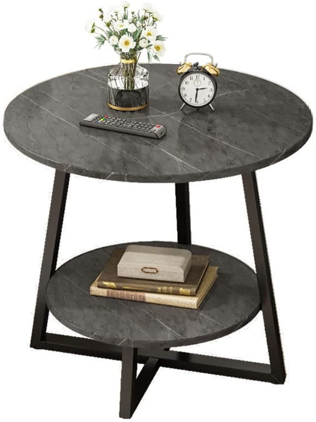 Jjone Round Coffee Table, Double Layer Sofa Side Table End Table, Imitation Marble Coffee Round Table Snack Table Bedside Table With Simple Design For Living Room Small Space (H221-B)