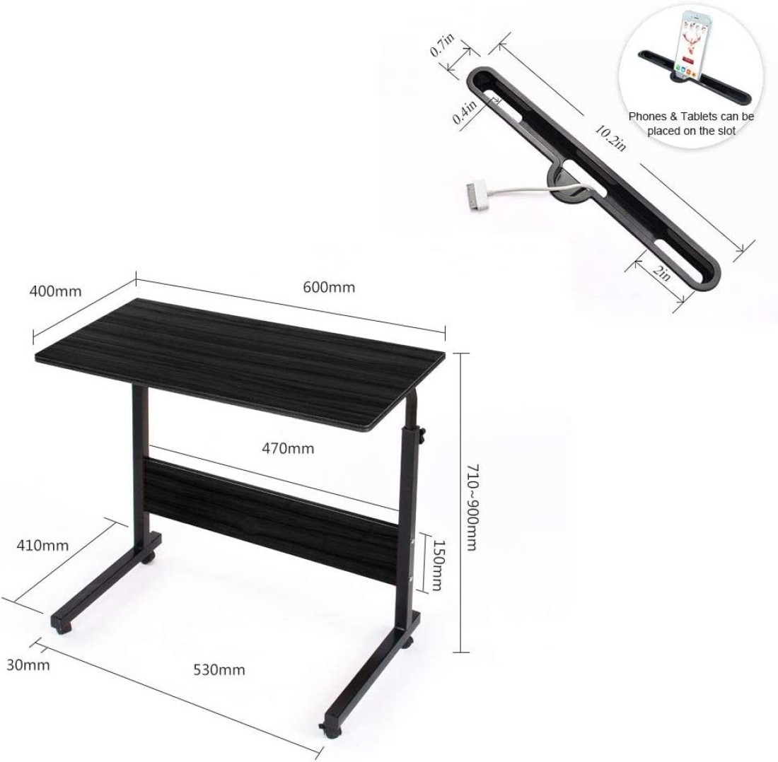 Doreen Mobile Side Table, Adjustable Movable Portable Laptop Computer Stand Desk Worksation With Tablet Slot &amp; Wheels for Bed Sofa 40 * 80cm black（GC1212A）