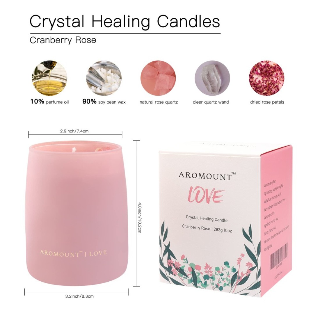 Cranberry Rose Scented Candle with Crystal Inside Healing Rose Quartz Crystal Candle and Dried Flowers 10oz Soy Wax 55 Hours Long Lasting Burn Love