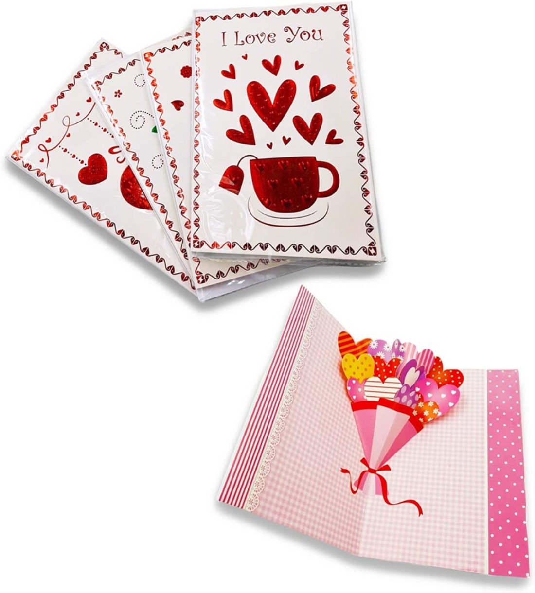 Party Time 4pcs Assorted Greeting Cards, Valentines Day Card, Anniversary Card, Mother&#39;s Day Gift, Anniversary Gift - Valentines Day Gift (Hearts &amp; Flowers Designs)