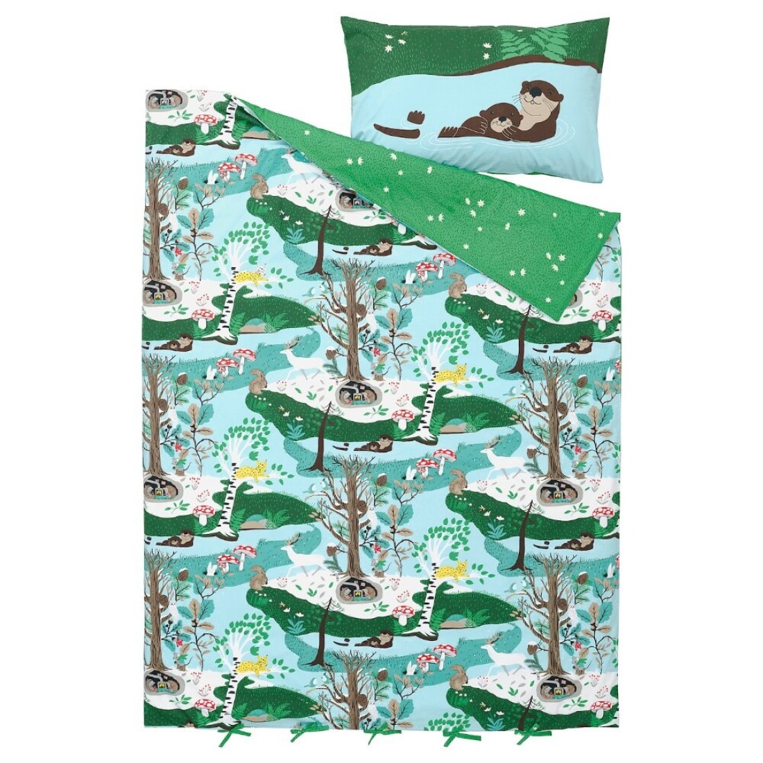 Duvet Cover And Pillowcase Blue Green/Forest Pattern 150X200/50X80cm