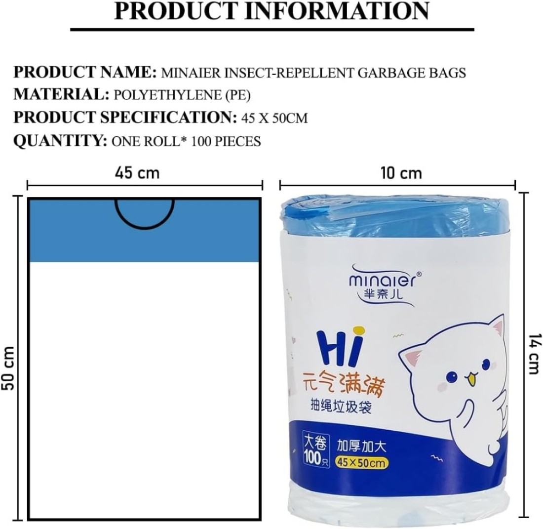 Trash bags with Drawstring and Break point, Heavy-duty garbage bags for Office, Bathroom, Kitchen, Living room, Ideal for medium-sized bins, 100 Counts 45x50cm (White)