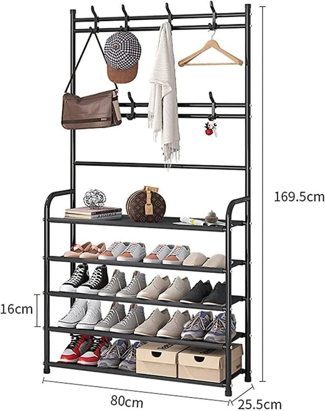 Dreamons link Coat Rack,3-in-1 Hall Tree Shoe Bench with Coat Hat Umbrella Rack,Storage Shelves with 8 Hooks, Multifunctional Hallway Organizer (Black)