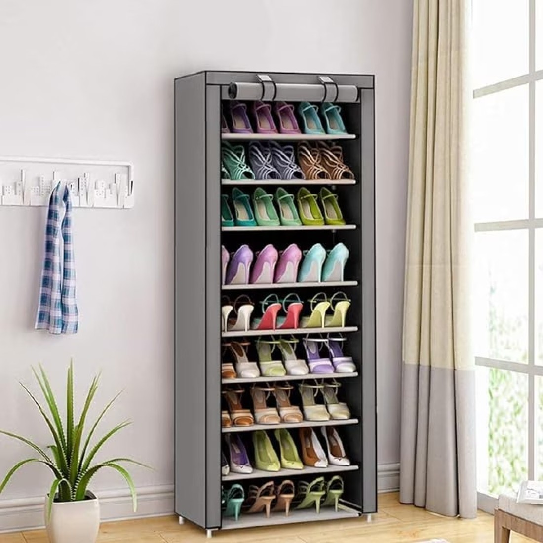 Shoe Rack with Cover, 10 Layer 9 Grids Dustproof Shoe Cabinet Shoe Rack for up to 30 Pairs of Shoes, 58 x 28 x 160 cm