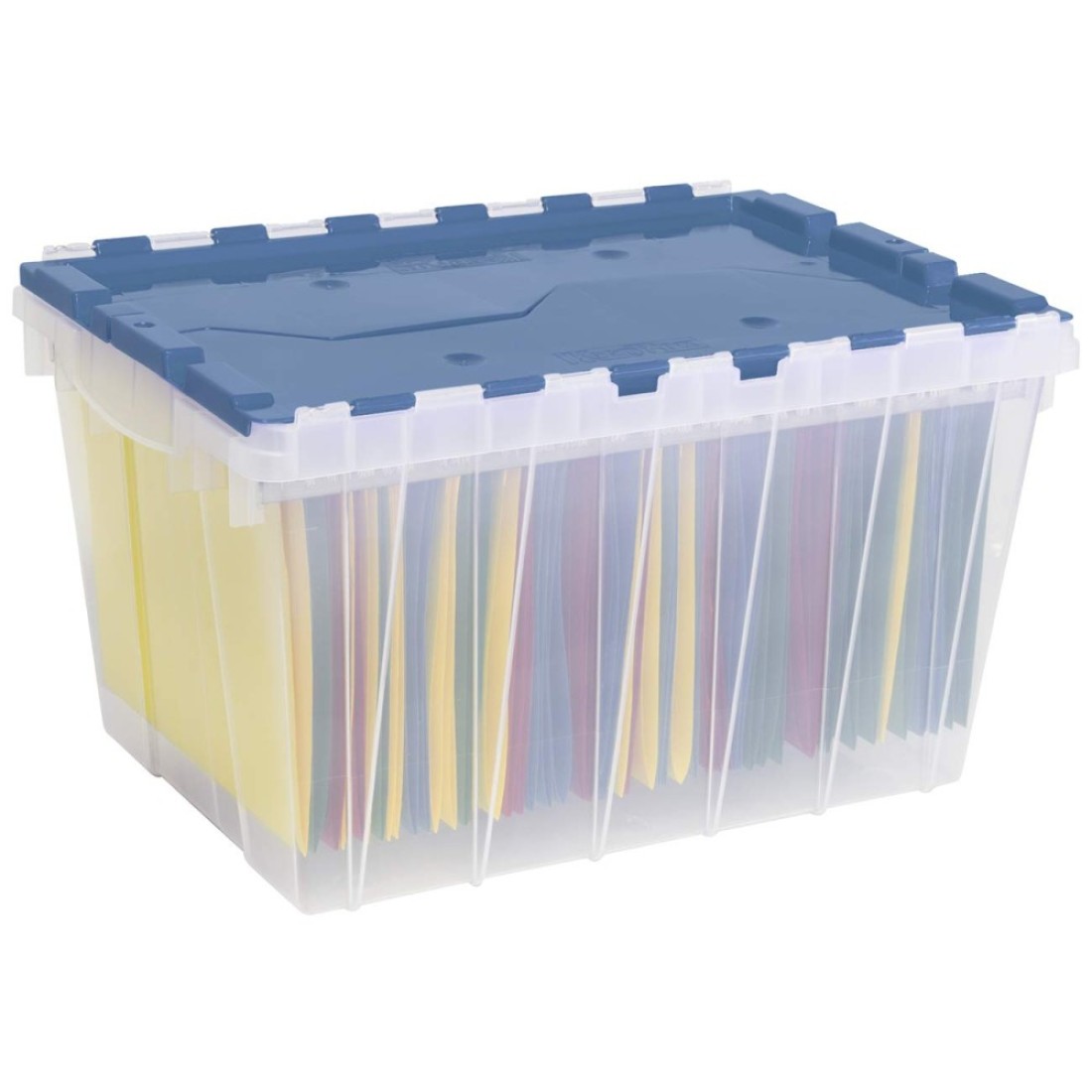 AkroMils 12 Gallon KeepBox File Box Plastic Stackable Storage Container with Hinged Attached Lid and Rails for Hanging File Folders 21Inch L x 15Inch W x 12Inch H ClearBlue