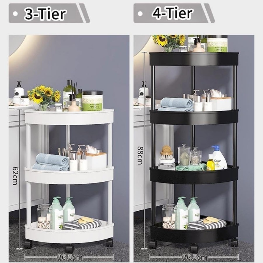 3-Tier Rolling Storage Cart,Corner Shelves， Multi-Purpose Organizer for Bathroom, Office &amp; Kitchen, Plastic Shower Caddy Organizer Shelf, Easy to Assemble &amp; Move,white