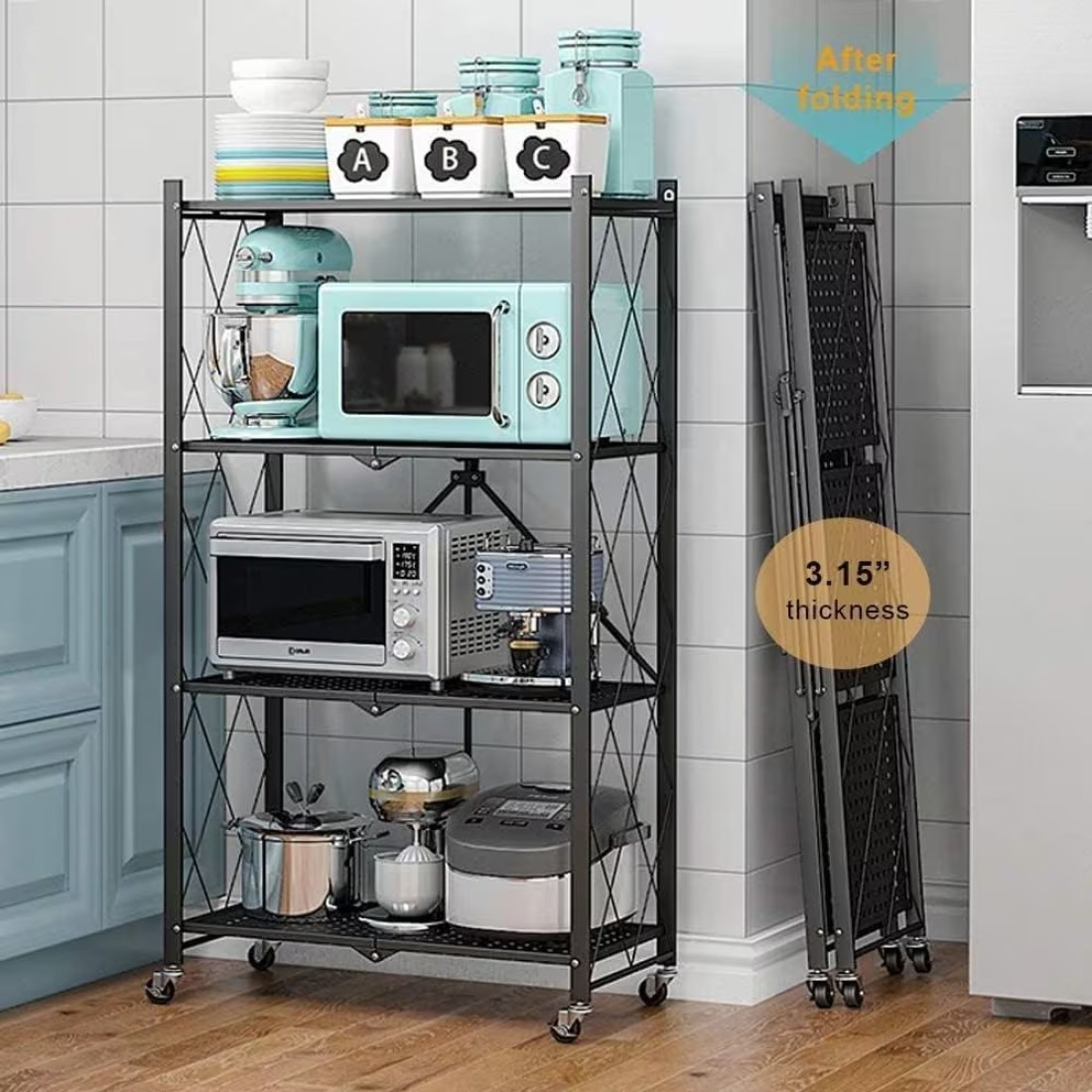 ECVV Leostar 4 Layer Shelf Foldable Storage Shelving Unit With Wheels, Metal Rack Display For Garage Kitchen Pantry Closet Laundry, Black, Str-4326, 4-Shelf