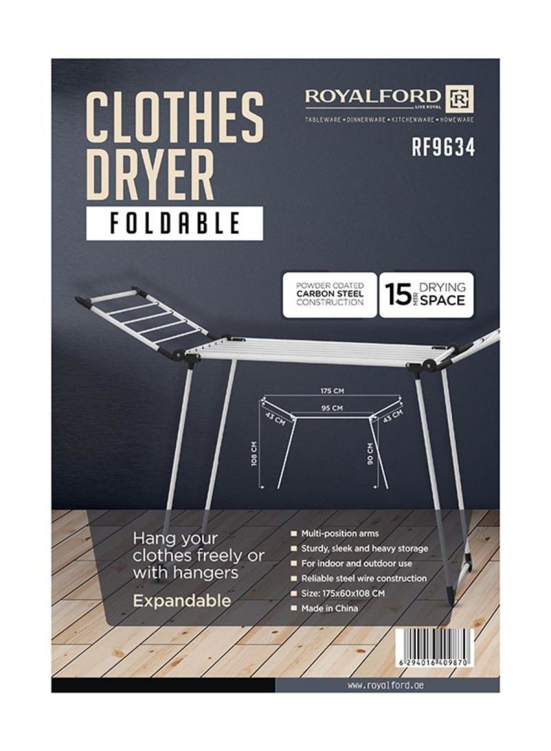 Royalford Cloth Dryer White/Black 175x40x108centimeter