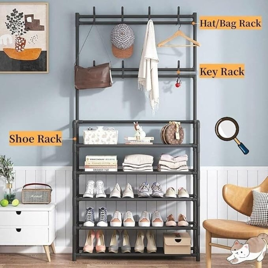 Shoe Racks Storage , Coat and Shoe Rack , Coat Rack with Shoe Storage , Upgrade 5 Tier Shoe Rack , Black Shoe Rack , Shoe Storage Organizer , Shoe Shelf with 8 Hooks for Bedroom , Hallway , Office