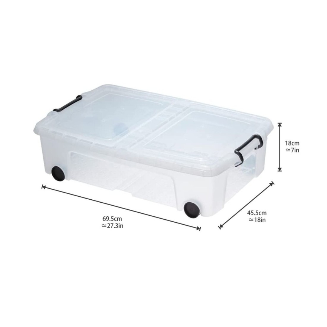 Strata, Made in UK, Plastic Underbed Storage Box with Wheels, Storage box with Lid and Handle, 35 liters- 69.5 L X 45.5 W X 18 H cm, STR-XW696-CLR/CLR-EX
