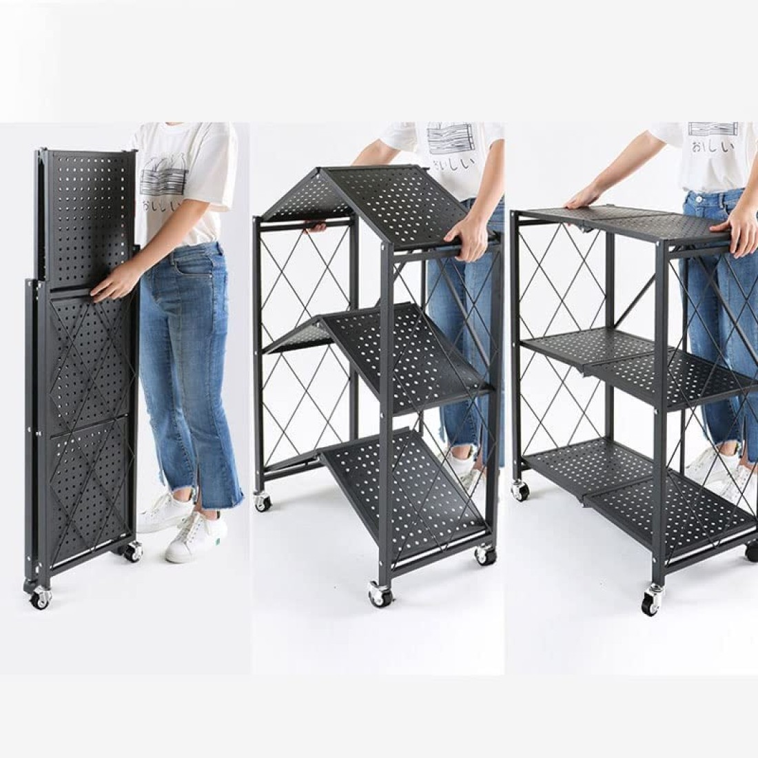 Uujuly Foldable Metal Storage Shelf, Space Saving 3-Tier Kitchen Shelving Storage Rack, Large Capacity Iron Wire Collapsible Shelves Organiser For Bedroom Living Room Office Garage No Assembly (Black)