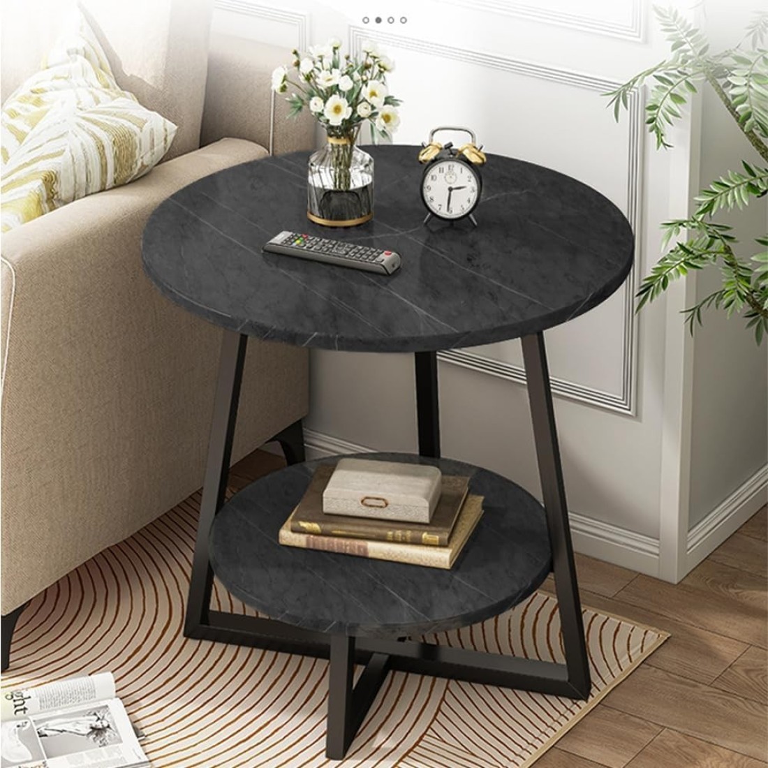 Vital 2-Layer Round Coffee Table,End Tables for Living Room, Side Tables, Sturdy and Easy Assembly,Double-deck Round Wood Look Accent Furniture with Wood Frame (BLACK)