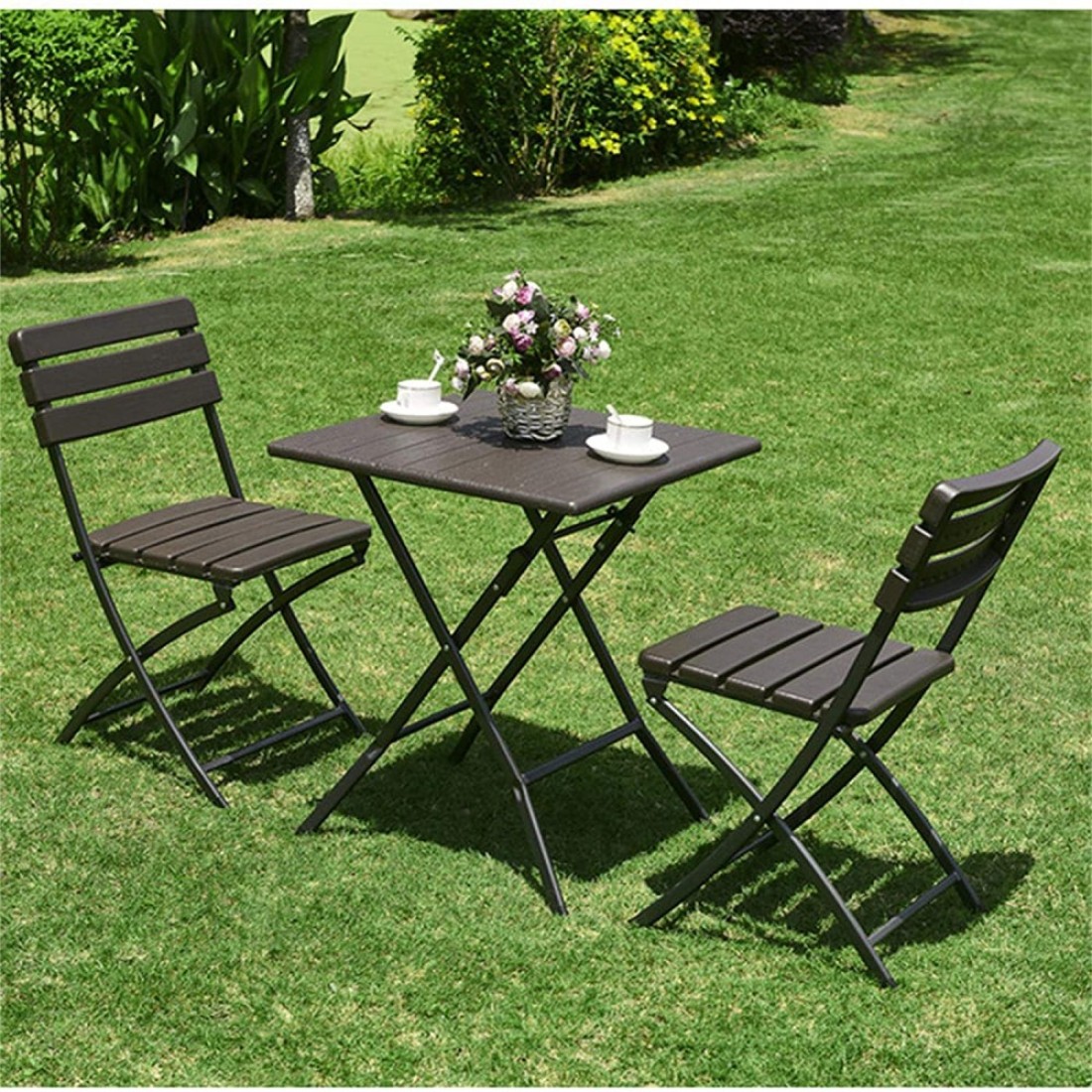 LANNY Set of 4 Folding/Foldable Plastic Dining Chair Water proof Sun proof Patio/Garden Leisure Chair for Outside/Outdoor or Inside/Indoor Wood Design 45cm height of seat -YC043 Brown