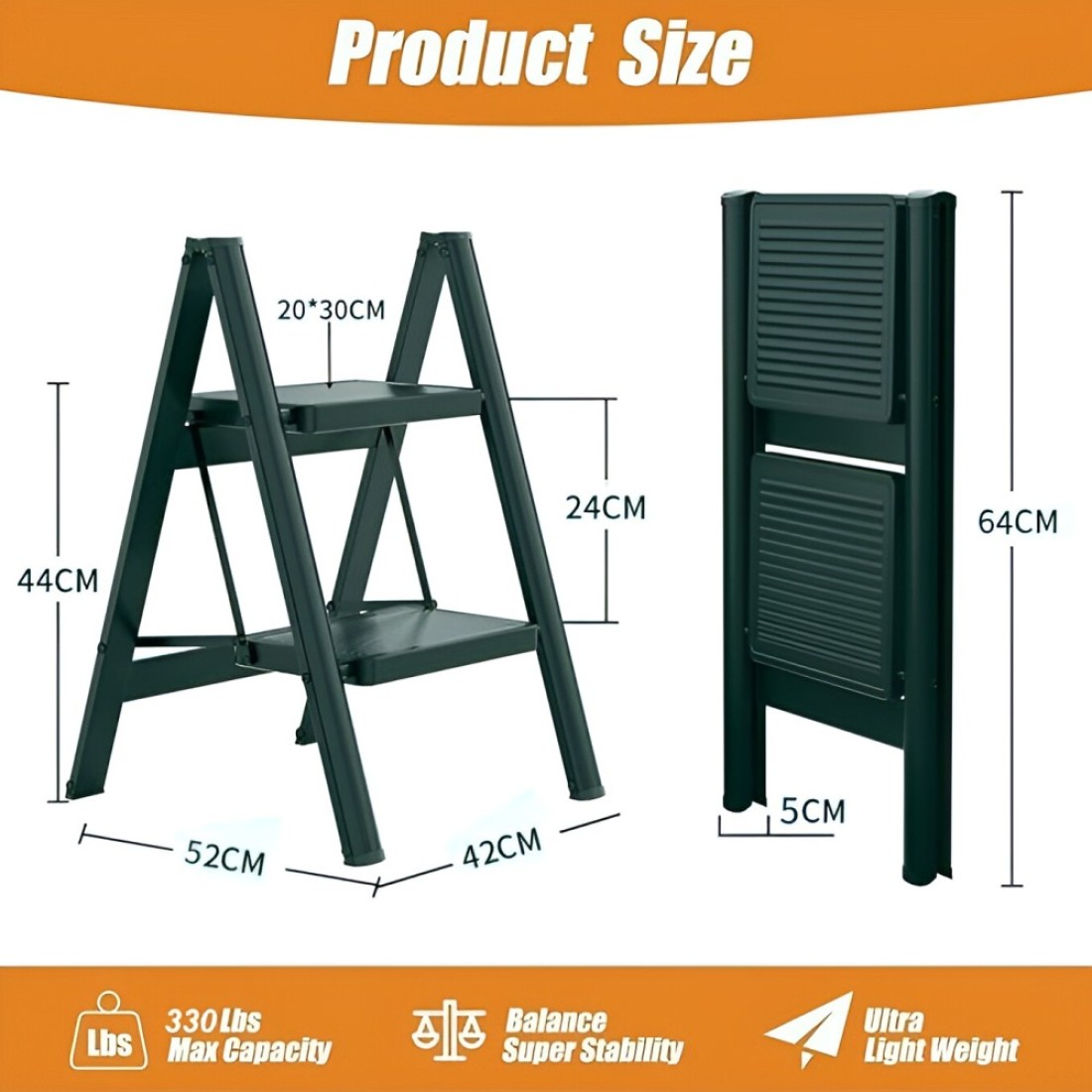 HEXAR&reg; Multipurpose Step Ladder Folding Ladder with Anti-Slip Pedal Folding Step Stool Portable Lightweight Foldable Stepladder for Home Kitchen Library Office 150 KG Capacity (2 STEPS)