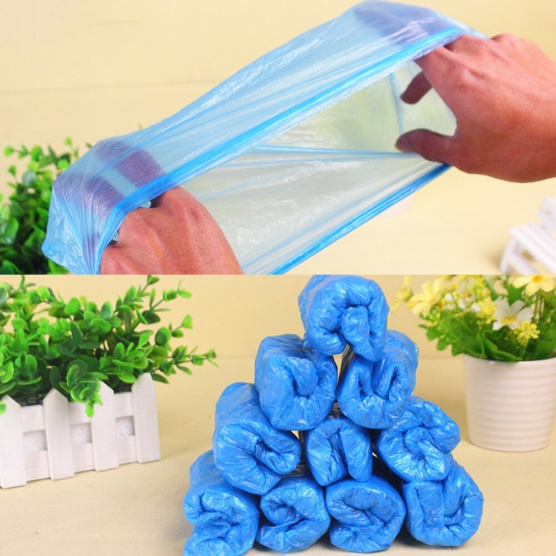KKmoon-50 Pairs Disposable PE Shoes Covers Waterproof Dustproof Anti-slip Boot Shoe Covers with Elastic Band for Workplace Indoor Carpet Floor Protection Outdoor Activities Blue 100PCS/Pack