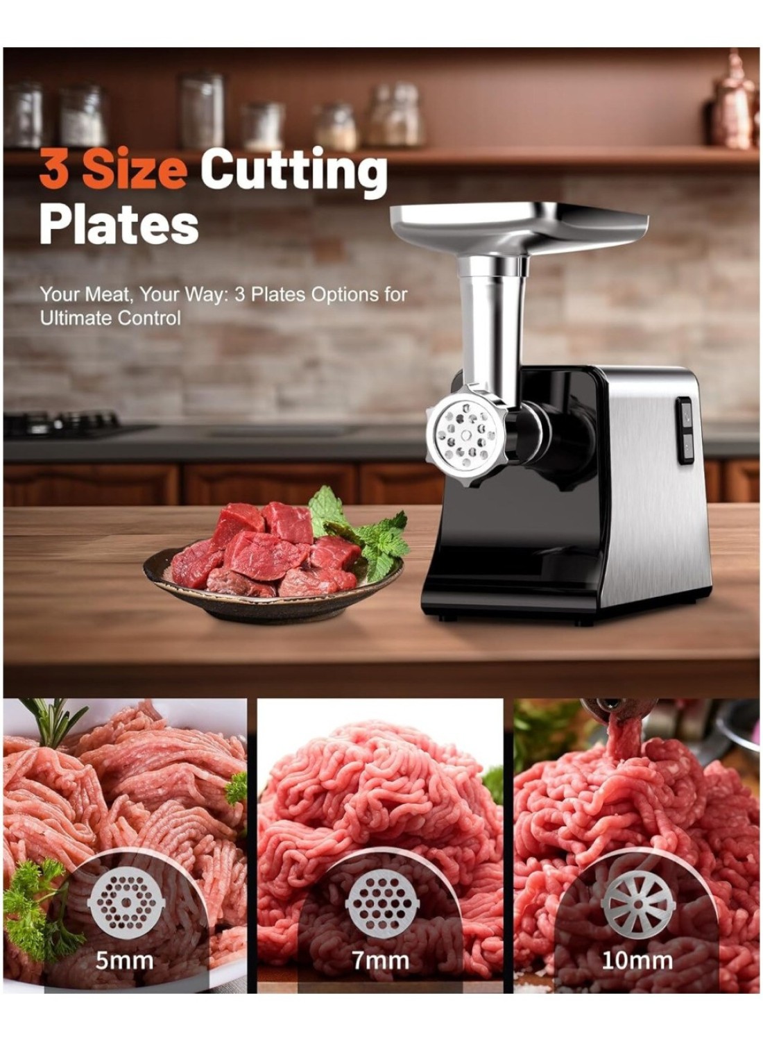Electric Meat Grinder, Sausage Stuffer Maker, Heavy Duty Meat Mincer with Stainless Steel Cutting Blade, 3 Grinding Plates, 1 Sausage Maker &amp; Kubbe Kit for Home Kitchen Use