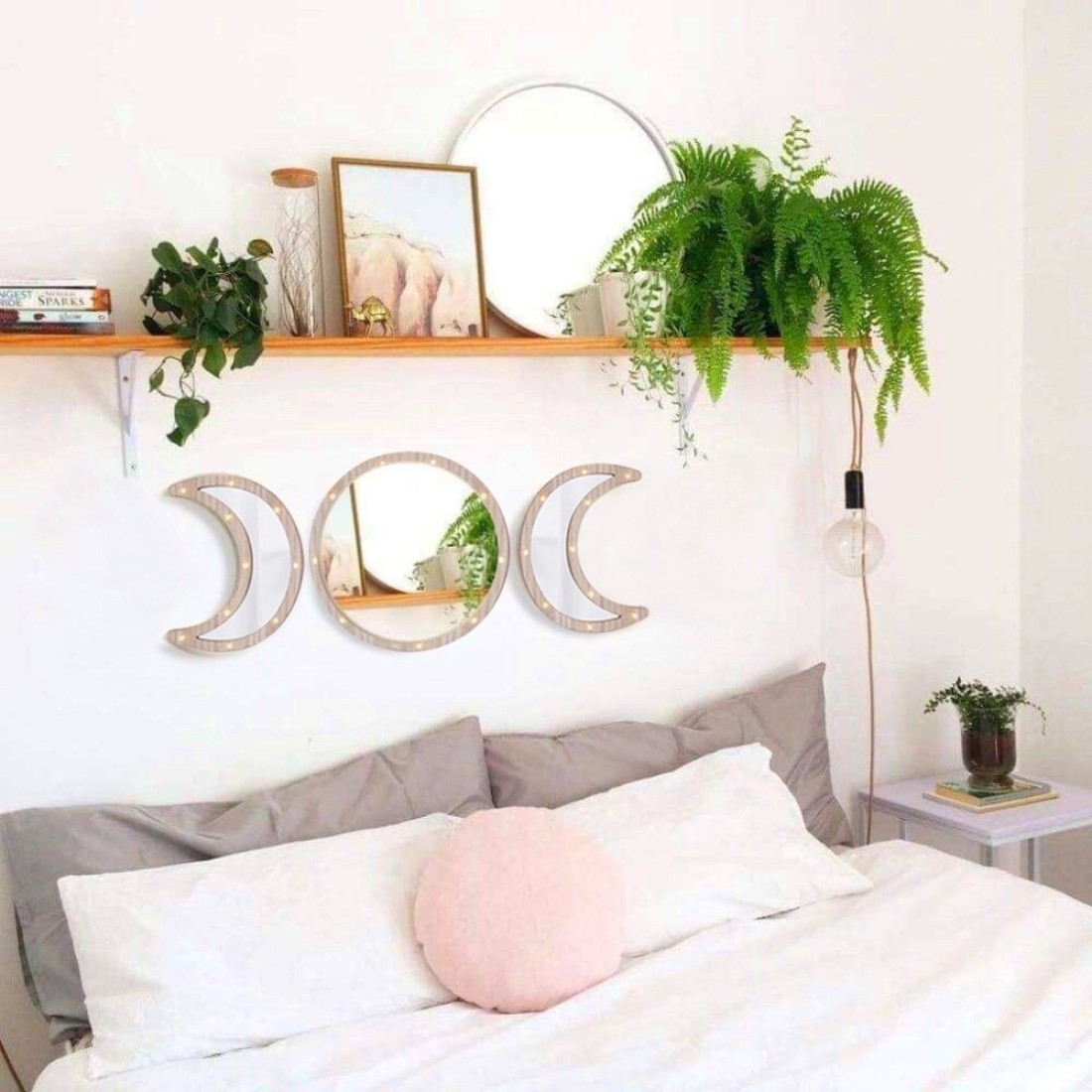 Wooden Crescent Moon Ramadan Decorative Mirror with LED Lights 30x22cm