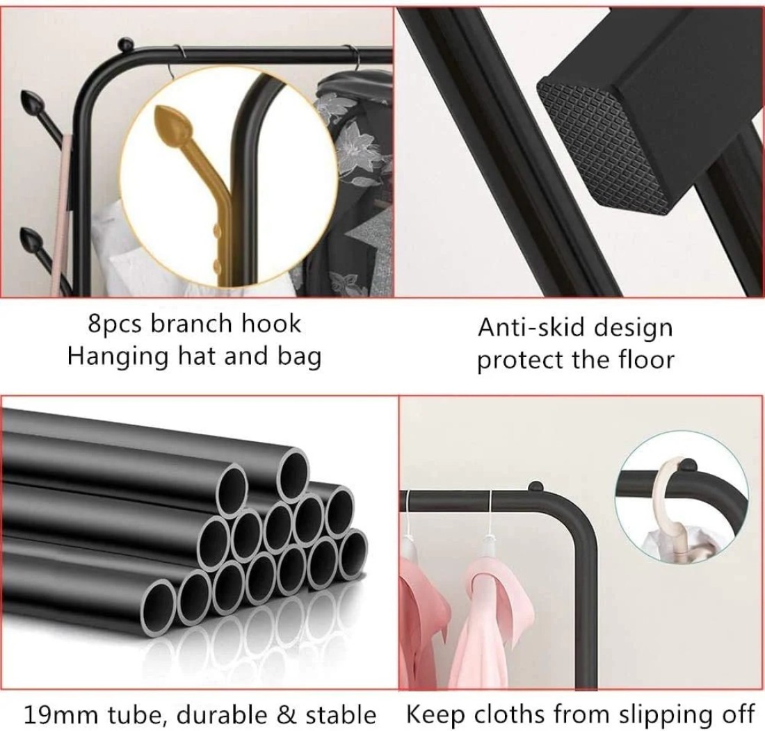 Showay Cloth Rack Cloth Stand Clothes Hanger Stand Clothes Clothes Hanger Dryer Rail With 8Pcs Branch Hook Bottom Storage 110cm Length Large Space For Shoes Clothes Jacket Umbrella Hats Scarf Handbags