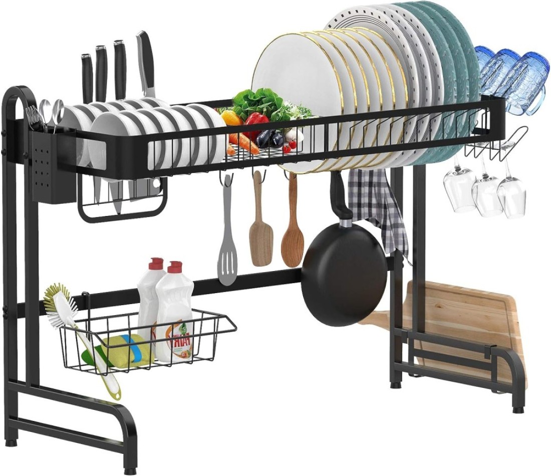 MZH Qryy Dish Drying Rack Over The Sink, Leaderpro Premium 304 Stainless Steel Dish Drainer Shelf, Kitchen Supplies, Countertop Space Saver Display Stand Tableware Organizer Utensils Holder, Black