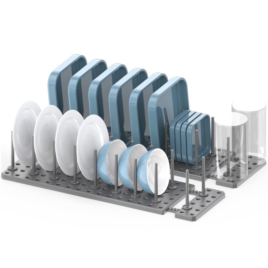 AEARY Pegboard Drawer Organizer for Kitchen Cabinet Plate Organizers for Cabinets Adjustable Cupboard Pegboard Tray Dish Racks Bowl Drying Racks Expandable Plate Holders Storage 2pcs Grey
