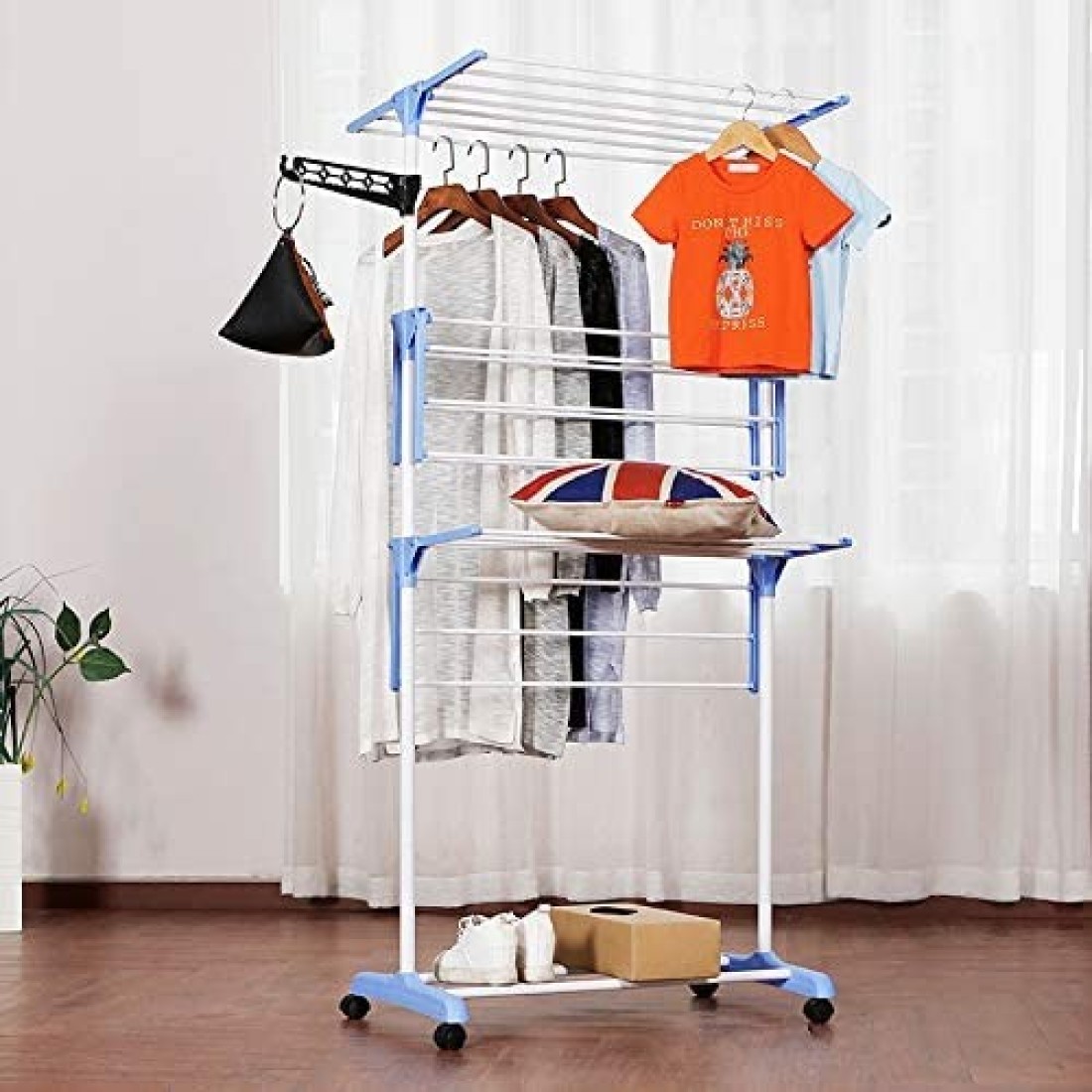 A/V Clothes Drying Rack, 3 Tier Rolling Dryer Clothes Hanger, Collapsible Garment Laundry Rack With Foldable Wings And Casters Indoor/Outdoor, Large Standing Rack Stainless Steel Hanging Rods(Gray)