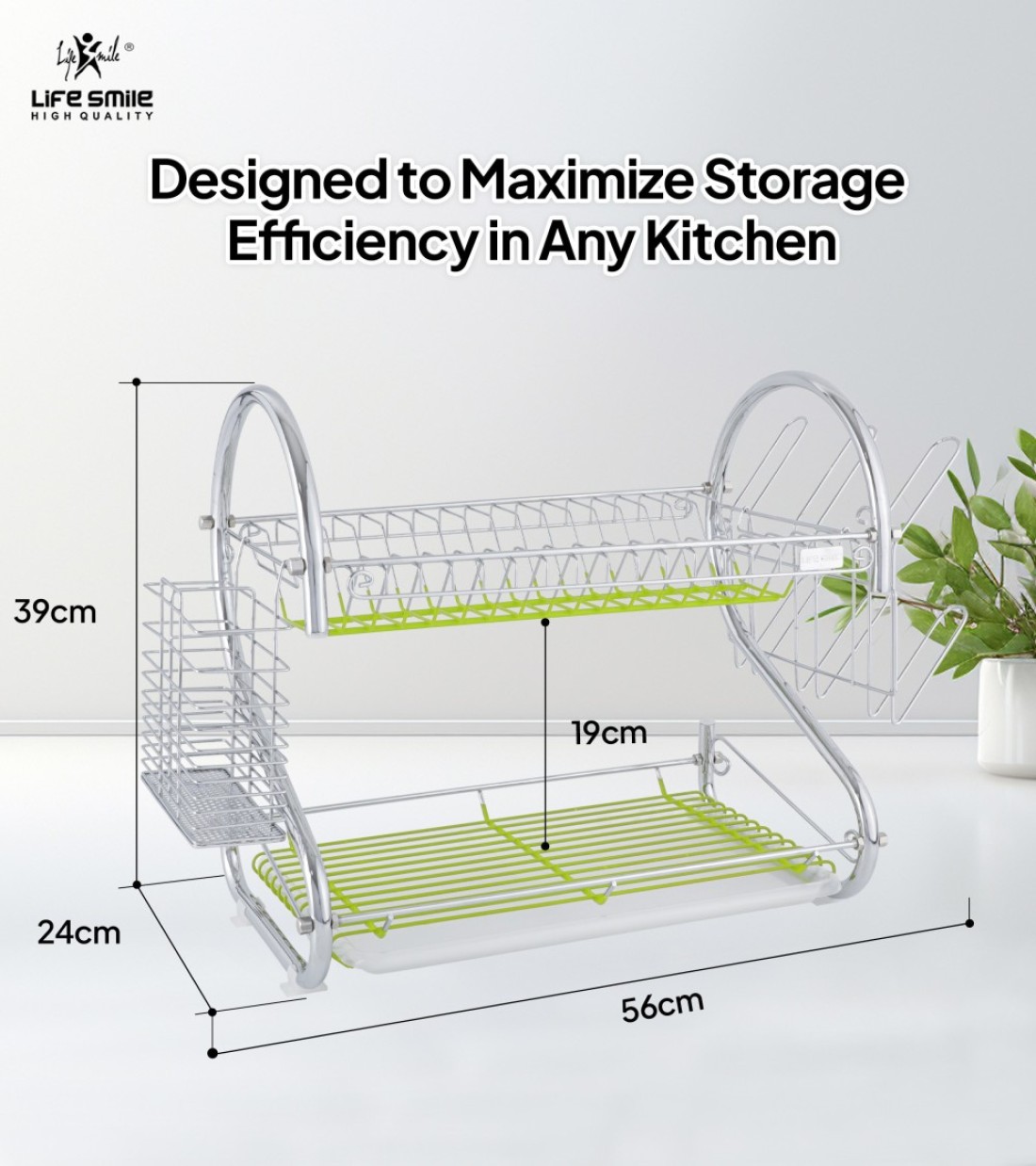 LIFE SMILE Dish Rack - 2 Tier Countertop Dish Drying Stand With Removable Drip Tray - 304 Stainless Steel with Utensil Holder and Cups Holder - Anti Slip and Rust Proof Dish Drainer